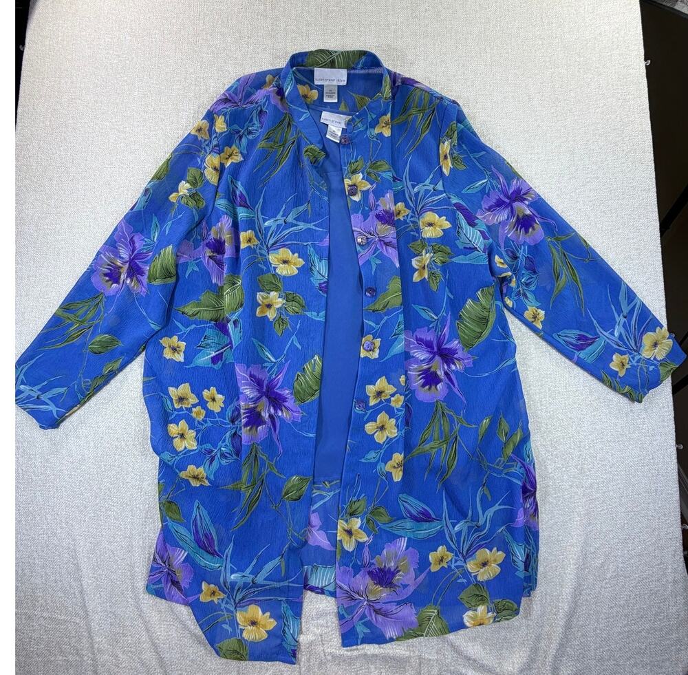Susan Graver Women 2X Blue Purple Caftan Tunic Sheer Floral Button Front Top